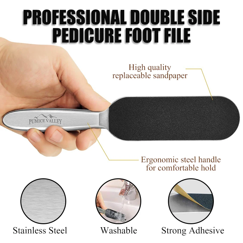 1 Set Double Side Stainless Steel Pedicure Foot File+10Pcs Dry Sanding Paper Reusable Hard Skin Remover Feet Care Pedicure Tools