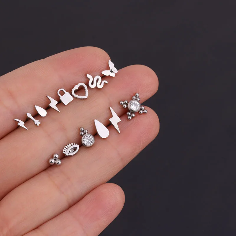 1 PCS Mix Design Cute Small Flash Heart Geometric Stud Earring Trendy Punk Steel Bar Ball Ear Cartilage Piercing Cuff Jewelry