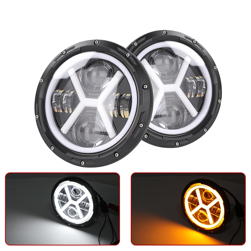 

2Pcs 7 inch Led Headlights Hi/Low H4 Light with Halo Ring Angle Eyes Amber Turn Signal DRL Headlamp For Wrangler Off Road 4x4