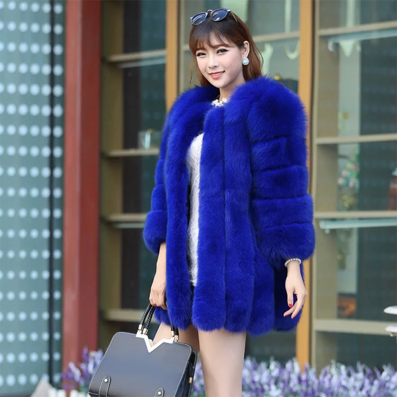 2022 Winter Faux Fox Fur Coat overcoat Women Slim Long Red Blue Faux Fur Jacket Women Fake Fur Coats manteau fourrure