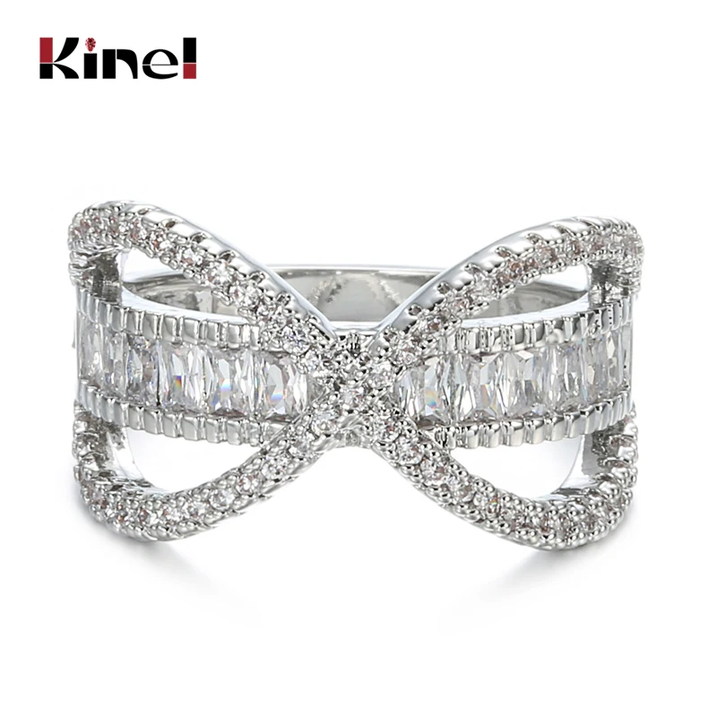 Kinel Fashion Bridal Wedding Ring Multi-layered Baguette CZ Zirconia Cross Irregular Ring For Women Engagement Party Jewelry