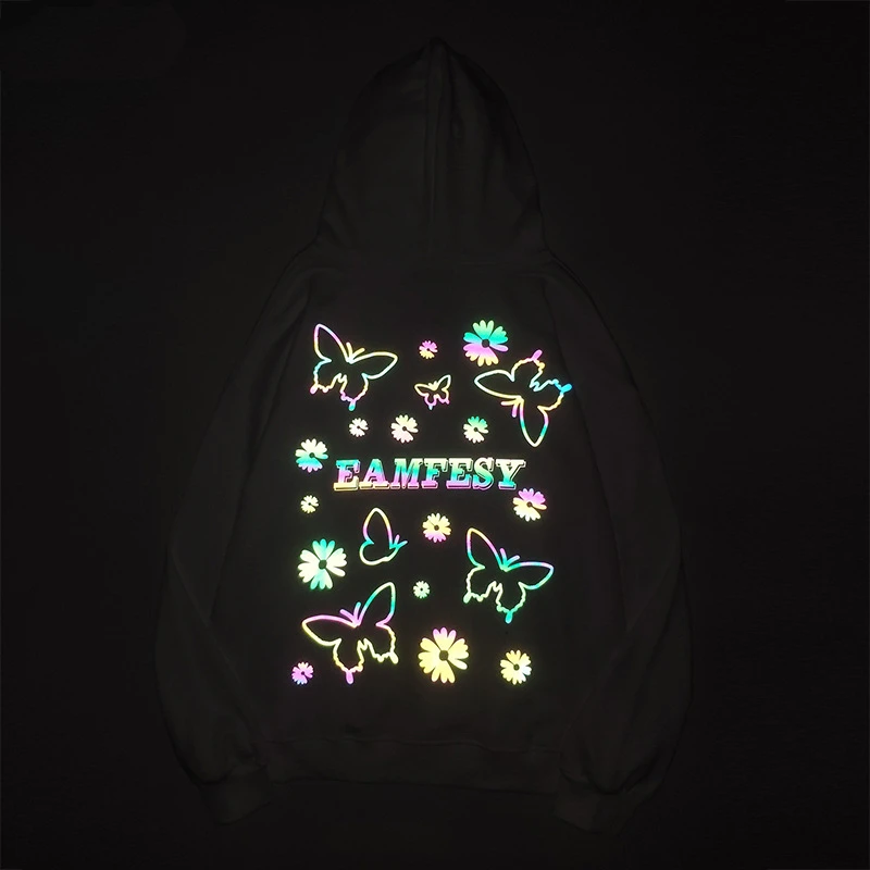 Colorful Reflective Butterfly Print Hoodies Men Fall Spring Outwear Hip Hop Hoodie Pullover Hooded Sweatshirts Male Streetwear