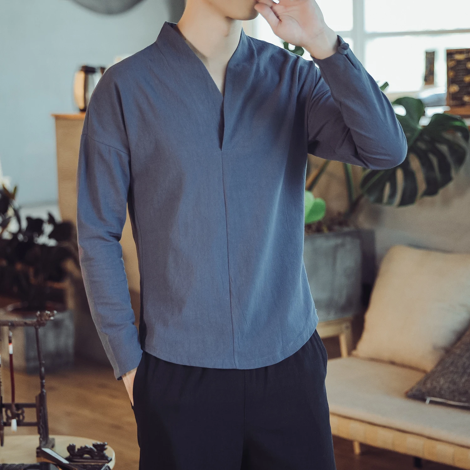 남성용 M-5XL 무지 색상 긴팔 블라우스, V넥 전통 중국 의류, 남성 셔츠, XXXXXL, 가을