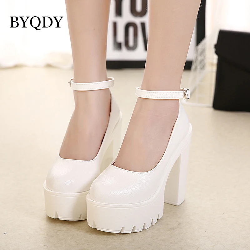 BYQDY Ankle Strap Woman Pumps Chunky Heels Platform Round Toe Ladies Shoes Plus 42 Party Office Pumps Block Heels Spring New