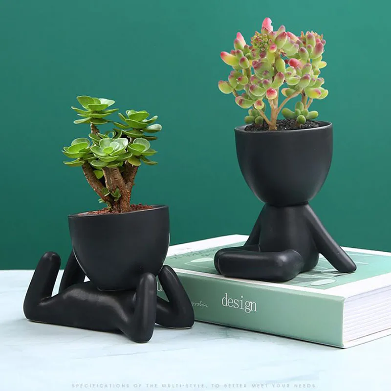 2pcs/set Modern Style Black Color Ceramic Flowerpot Succulent Plant Pot Breathable Vase with a Hole Desktop Ornaments Decoration