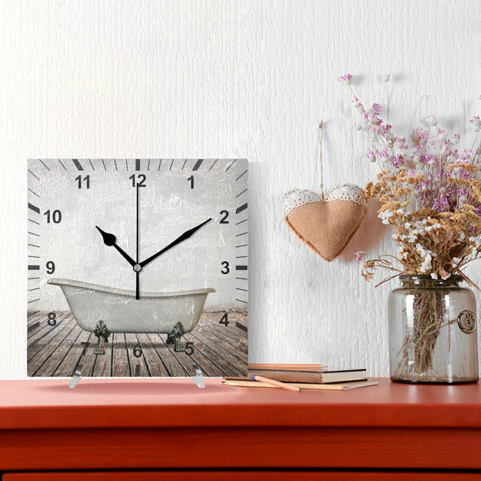 Square Wall Clock Silent Non-Ticking Vintage Bathtub Pattern Hanging Wall Watch Home Decor Living Room Bedroom Quiet Desk Clock