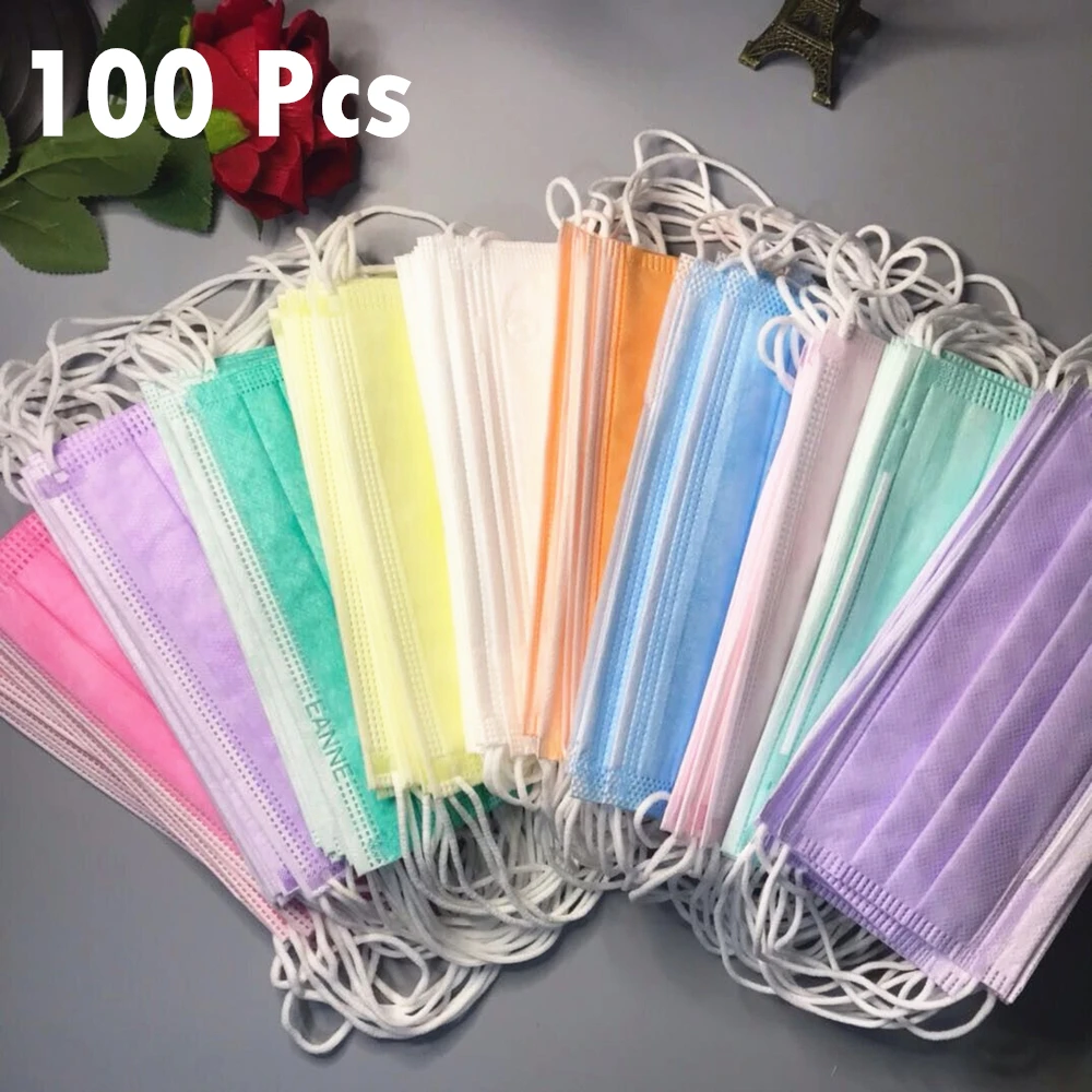 

In Stock! 100 Pcs Disposable Mondmasker Face Mouth Colored Masks Mouth Mask Non-woven Melt Blown 3-layer Mascarilla mascarilas