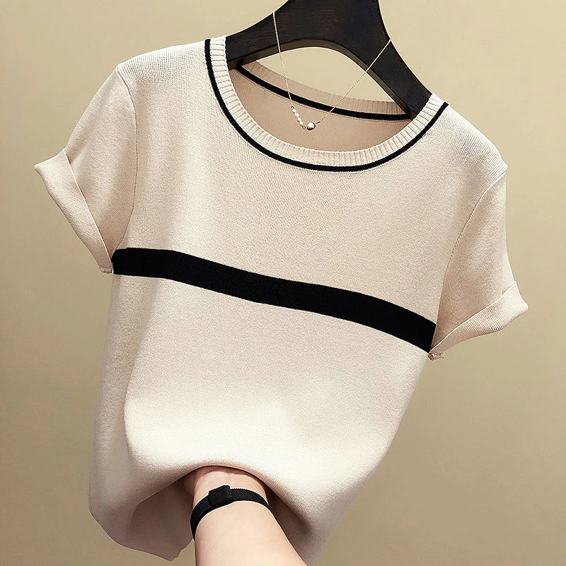 LJSXLS Summer Thin Knitting Womens Sweater Black Short Sleeve Pullover Top Female Striped Casual O-Neck Jumpers Pull Femme