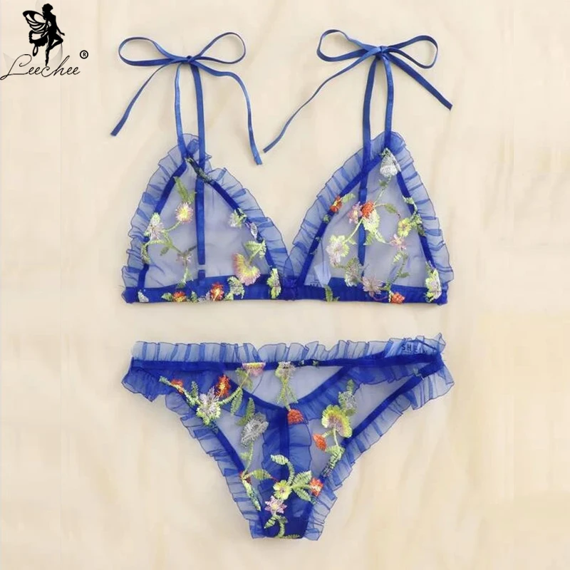 Leechee Summer New Sexy Lingerie Set Floral Embroidery Women's Underwear Comfortable Mesh Brassiere Brief Sets Babydoll Lenceria