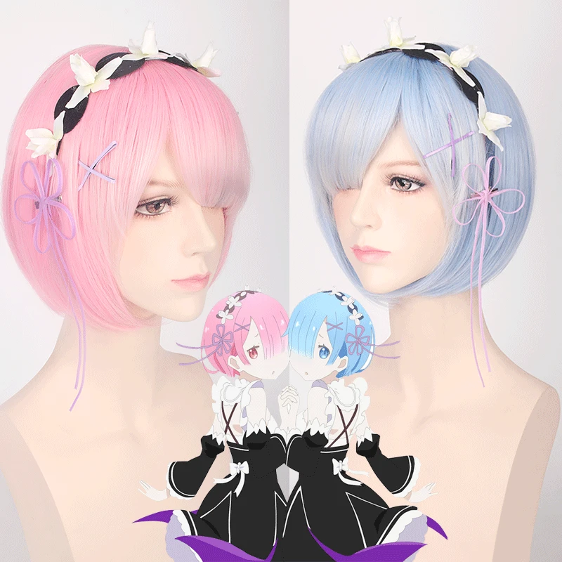 Re: Zero Starting Life in Another World Rem Ram Heat Resistant Synthetic Hair Headwear Cosplay Prop Halloween + Free Wig Cap