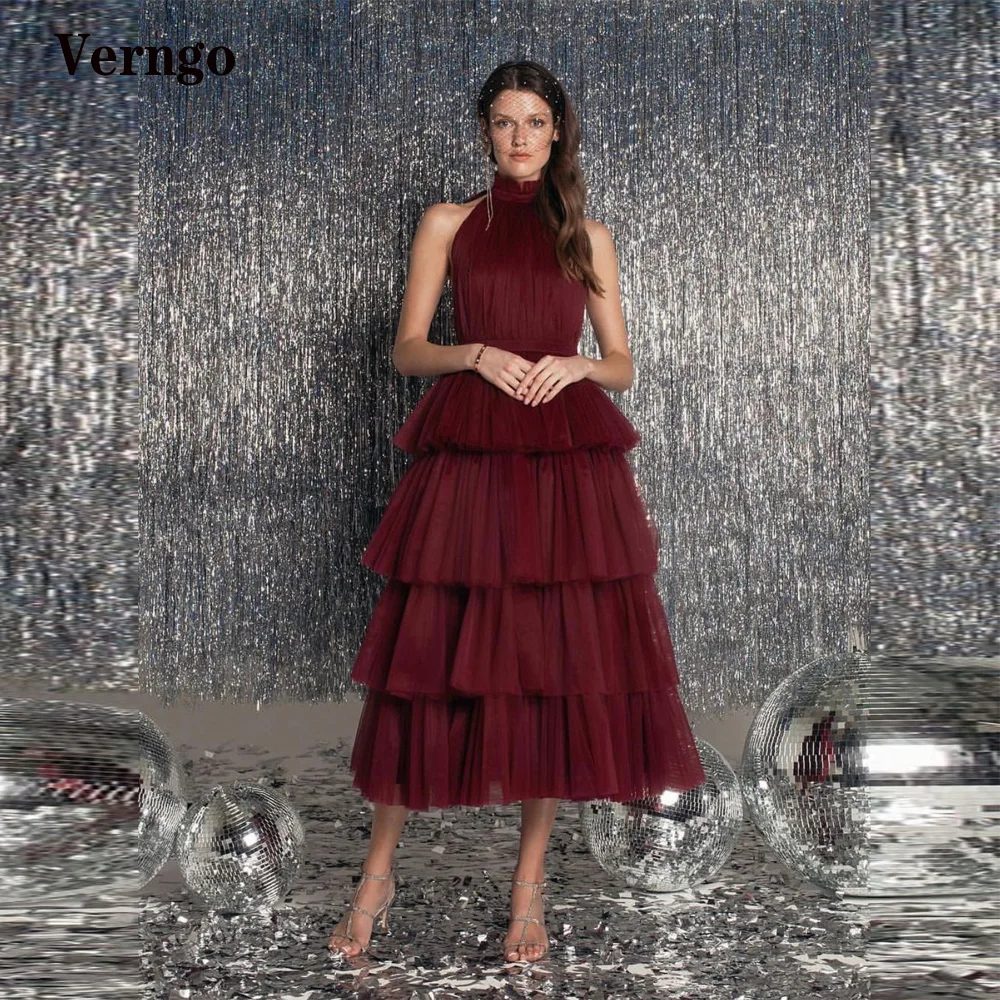 

Verngo Dusty Pink/Burgundy/Black Evening Party Dresses High Neck Tulle Tiered Skirt A Line Prom Gowns Ankle Length Formal Dress