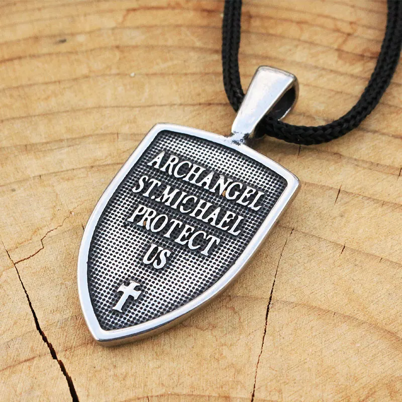 lanseis 1pcs stainless steel  men necklace Archangel St.Michael Protect Me Saint Shield Protection pendant jewelry