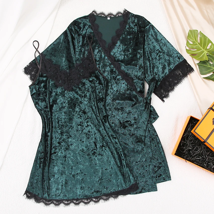 Hiloc Patchwork Lace Sleepwear Velour Robes Women Pajama Set Nightdress Set Woman 2 Pieces Nightwear Splicing Velvet Nightgowns