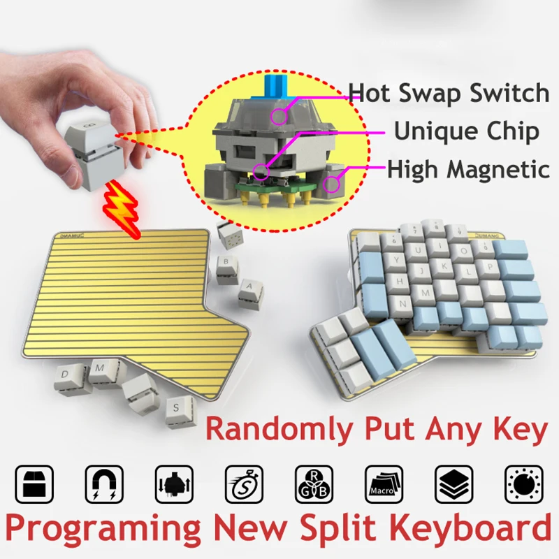 DK6 Ergo Hot Swapable Magnetic Movable Macro Key Programmable RGB Backlight Mechanical Keyboard Games Cherry MX Kaih Box Switch