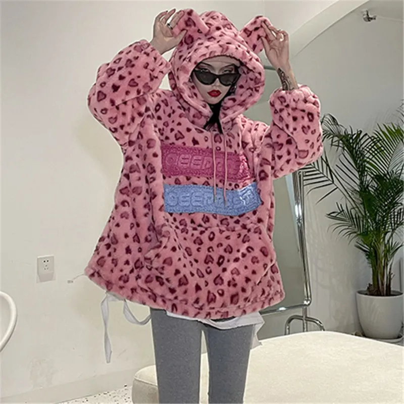 Leopard Print Hoodies Women Plush Coat Winter Warm Lambswool Sweatshirt Loose Fashion Pullover Female Pink Hooded Sweatshirts