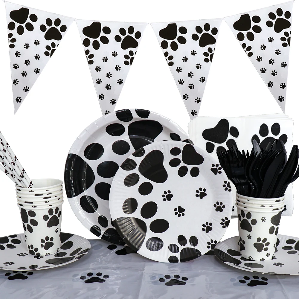 Puppy Paw Themed Pet Birthday Party Decorations Dog Paw Party Supplies Print Banner Paper Plates Cups Napkins Tableware Balloons