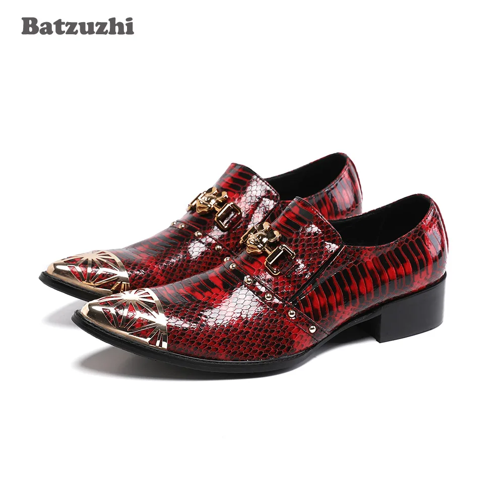 

Batzuzhi Luxury Men's Shoes Pointed Metal Cap Fashion Red Genuine Leather Dress Shoes Men forBusiness Party and Wedding, 38-46