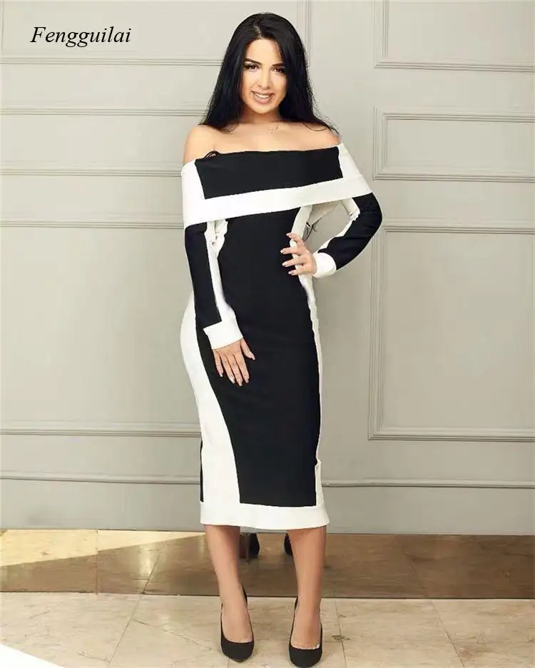 

Off Shoulder Colorblock Insert Bodycon Dress Women Elegant Bodycon Club Party Winter Dress