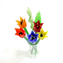 Colorful Long Stem Murano Glass Flower Lovely Ornaments Wedding Valentine's Day Holiday Party Romantic Gifts For Home Vase Decor