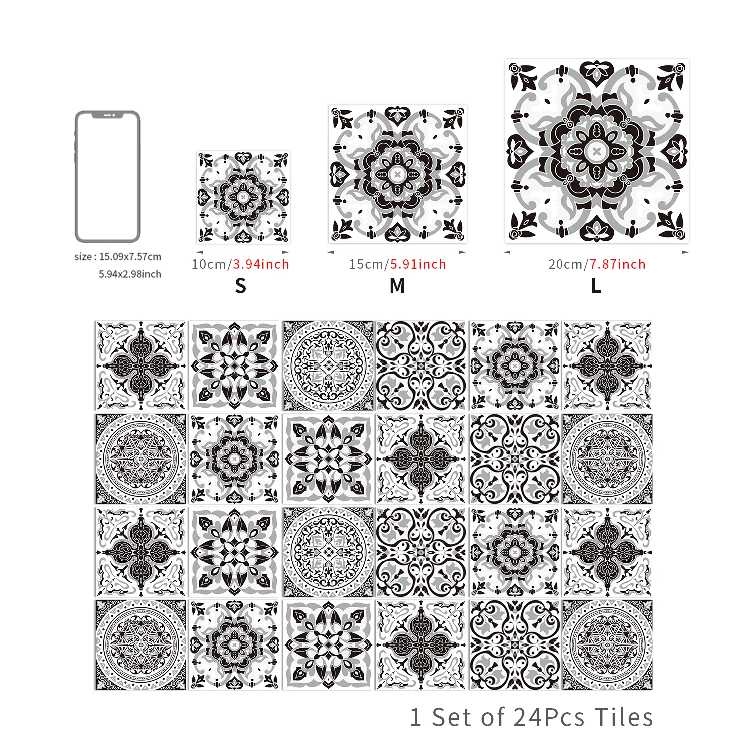 24pcs Tile Stickers Kitchen Backsplash Pvc Self Adhesive Waterproof Bathroom Mandala Wall Retro Decoration Wallpaper Art Mural