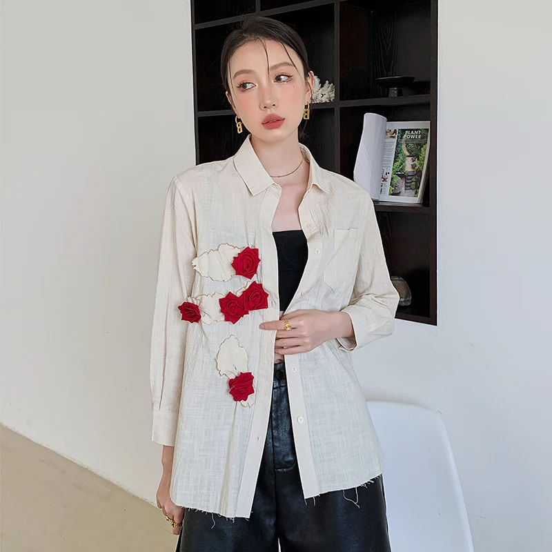 CHEERART Floral Applique Cotton Beige Button Up Shirt For Women Long Sleeve Top Korean Fashion Kawaii Cute Blouse Fall 2021