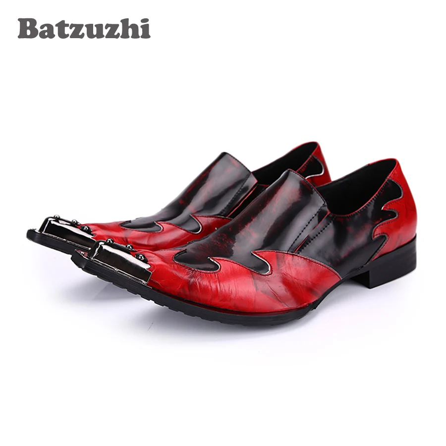 

Batzuzhi Rock Luxury Men Dress Shoes Pointed Iron Toe Men Leather Business Shoes Red Party/Wedding Dress Shoes for Men