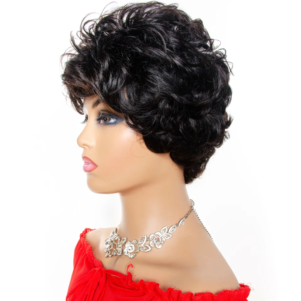 Short Human Hair Wigs Pixie Cut Wig With Bangs Brazilian Loose Curly Full Machine Made Wigs For Women  Remy Hair 0051