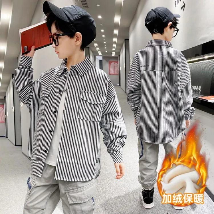 Hemden für Jungen, Vier Jahreszeiten, neue lässige langärmelige Baumwollbluse mit vertikalen Streifen, Oberteil, Kinder-Outfits, Teenagerkleidung, 5-14 Jahre alt – Detail 10