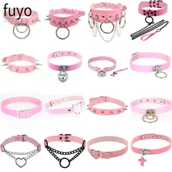 Punk Metal Tassel Pendant Pink PU Leather Choker Collar Sexy Spiked Neck Strap Clavicle Men Necklaces for Women Gothic Jewelry