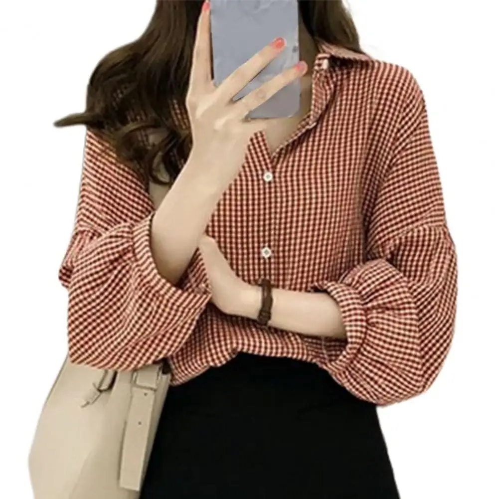 Blouse Women Long Sleeves Loose Female Shirts Lantern Sleeves Plaid Shirt Top Office Lady Blouses Blusas