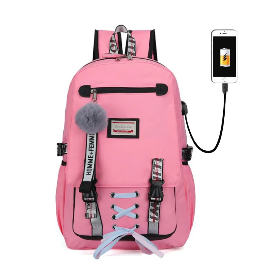 Teenage Large USB Printing Student Big School Bags Girls Bookbags Fashion Ribbon Bow Girls boys Schoolbag Backpack 4 color