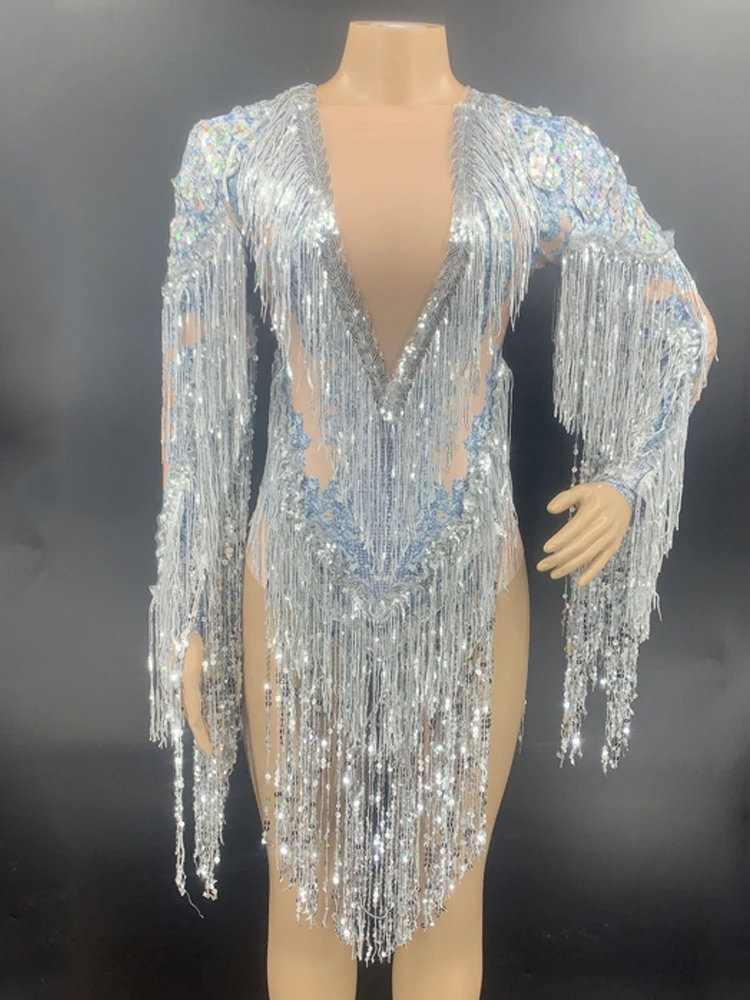 Shining Sequin Fringe Bodysuit Women Singer Clothes Long Sleeve Rave Feather Hat Prom Nightclub Dj Gogos Dance Stage Costume