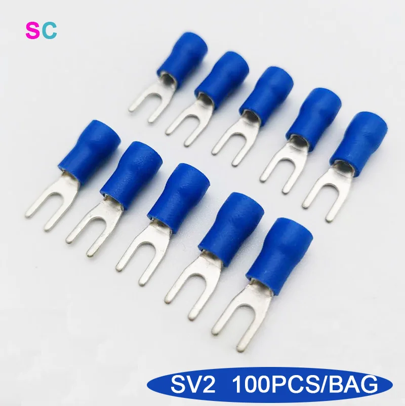 SV2 Series Blue Furcate Connector 100PCS/PACK Fork Insulated Cold Wire Terminals Fork Type AWG16-14 Splice Pressed Crimp Joint