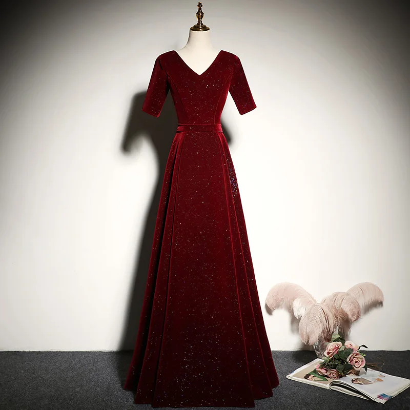 

Evening Dress Burgundy Vintage Short Sleeves V-Neck Floor-Length Empire A-Line Sequins Lace Up Party Formal Dresses Woman B1106