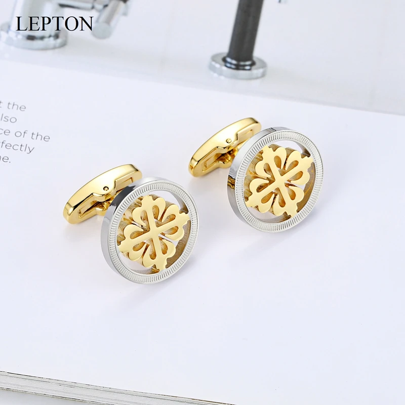 Lepton Silver & 18K Gold Color Crusaders Cufflinks Stainless Steel Round Cuff Links for Men Wedding Business Cufflink Gemelos