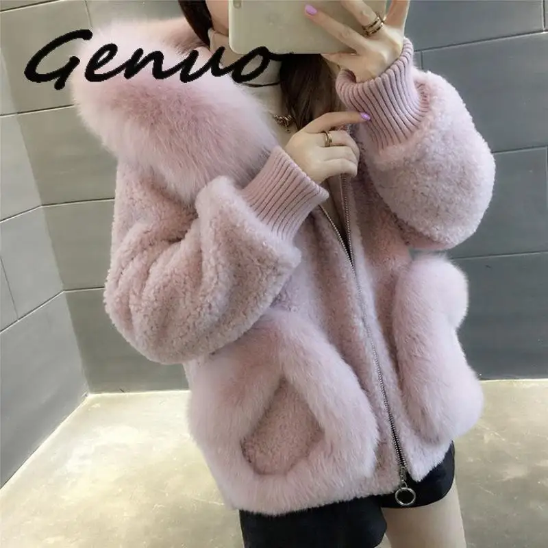 Genuo Nieuwe Hoge Kwaliteit Warm Nieuwste Winter Vrouwelijke Schapenvacht Jassen Pure Kleur Vos Kragen Faux Fur Bont Grote Werven Kasjmier jas