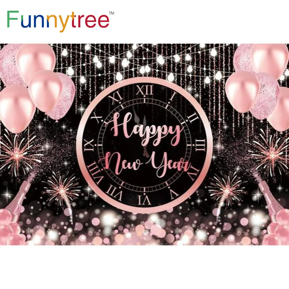 

Funnytree Happy New Year 2022 Pink Clock Party Background Balloons Celebration Fireworks Banner Champagne Photophone Backdrop