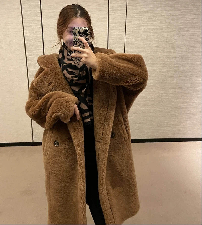 2021 New Winter Teddy Bear Coat Female Double Face Fur Clothing Medium Long Lamb Fur Overcoat with Hood Warm Fashion