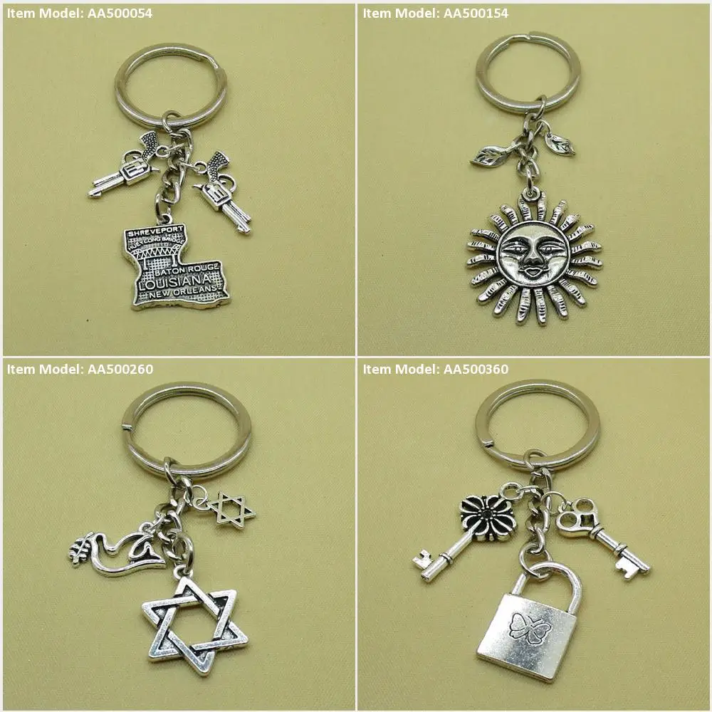 Keychain Keyring Tag Map Louisiana Gun Revolver Helius Sun Leaves Leaf Pigeon Bird Peace Hexagonal David of Star Lock Butterfly