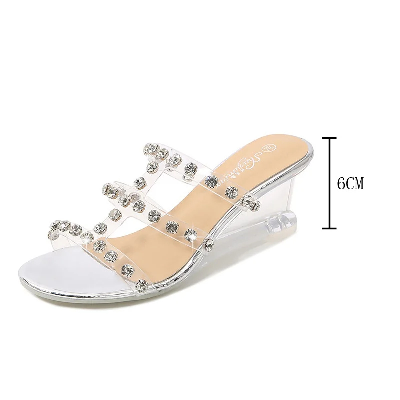 Sexy New Wedges Platform Sandals Women 2021 Summer Beach High Heels Shoes Female Clear Heel Rhinestone Causal Slippers TWS1032