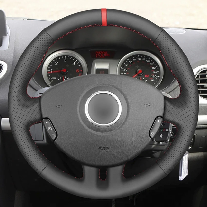 Hand-stitched Black Leather Red Marker Car Steering Wheel Cover for Renault Clio 3 2005 2006 2007 2008 2009 2010-2012