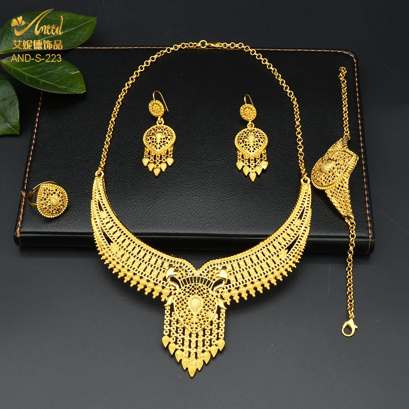 Indian Bridal Jewelry Set 24K Gold Color African Nigerian Necklace And Earring Set Ethiopian Bridesmaid Gift Wedding Jewellery
