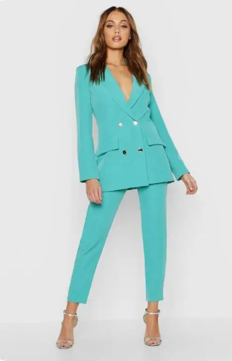 Green Double Breasted Women Suits Set ( Jacket+Pants) Long Sleeve Suit Women Jacket Suits Female Outfits conjunto femininos