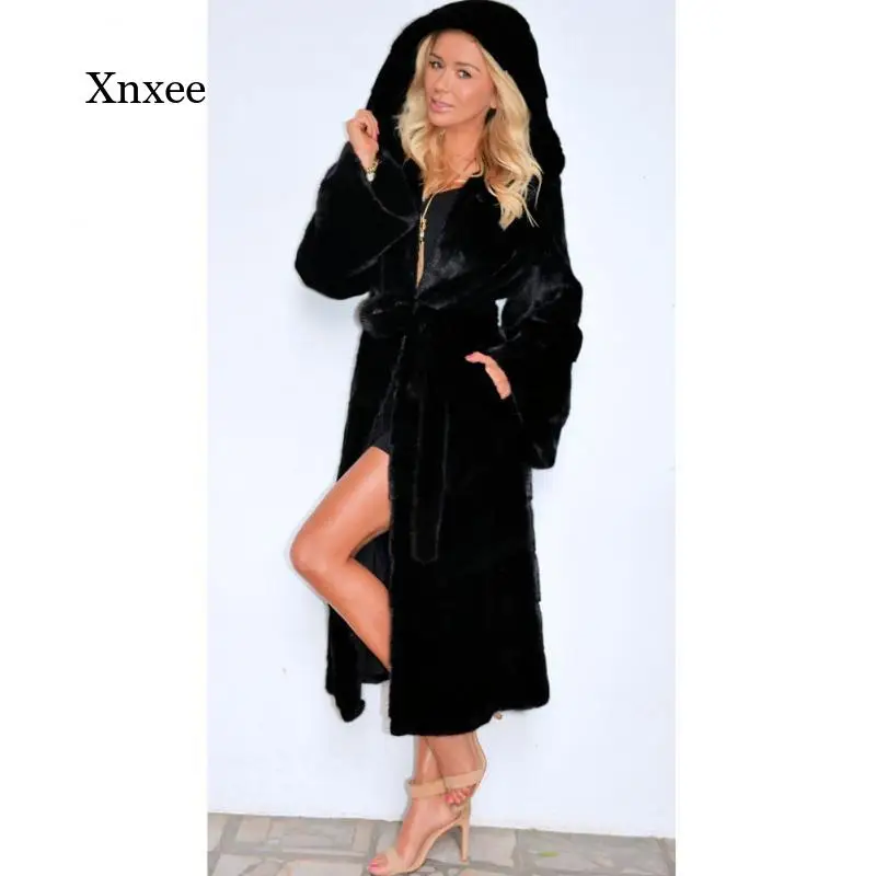 

Winter Women's Black Thick Hooded Faux Fur Coat Fashion Large Size New Warm Long Faux Fox Fur Coat Elegant Jacket