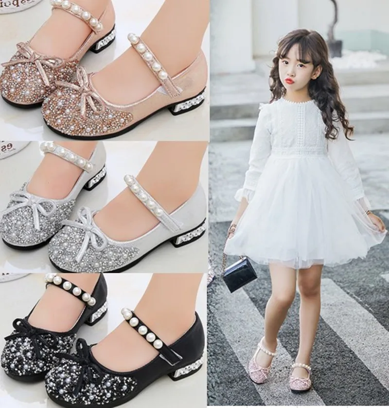 Gold Silver Pink Childrens leather Shoes Girls Kids Rhinestone Princess Shoes For wedding And Party Girl dance shoes 3 4 5-14T