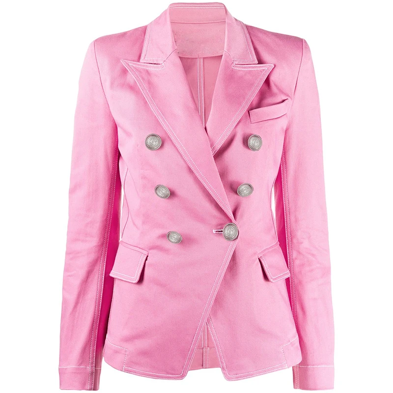 

High Quality Newest Nice Designer Blazer Women's Double Breasted Lion Buttons Top Stitching Contrast Pink Denim Jacket Blazer