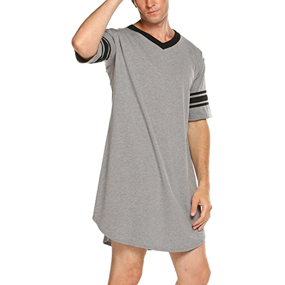 Men Cotton Nightshirt Short Sleeve V-neck Soft Loose Nightwear Comfortable Men Sleepwear Male Homewear Sleepshirts