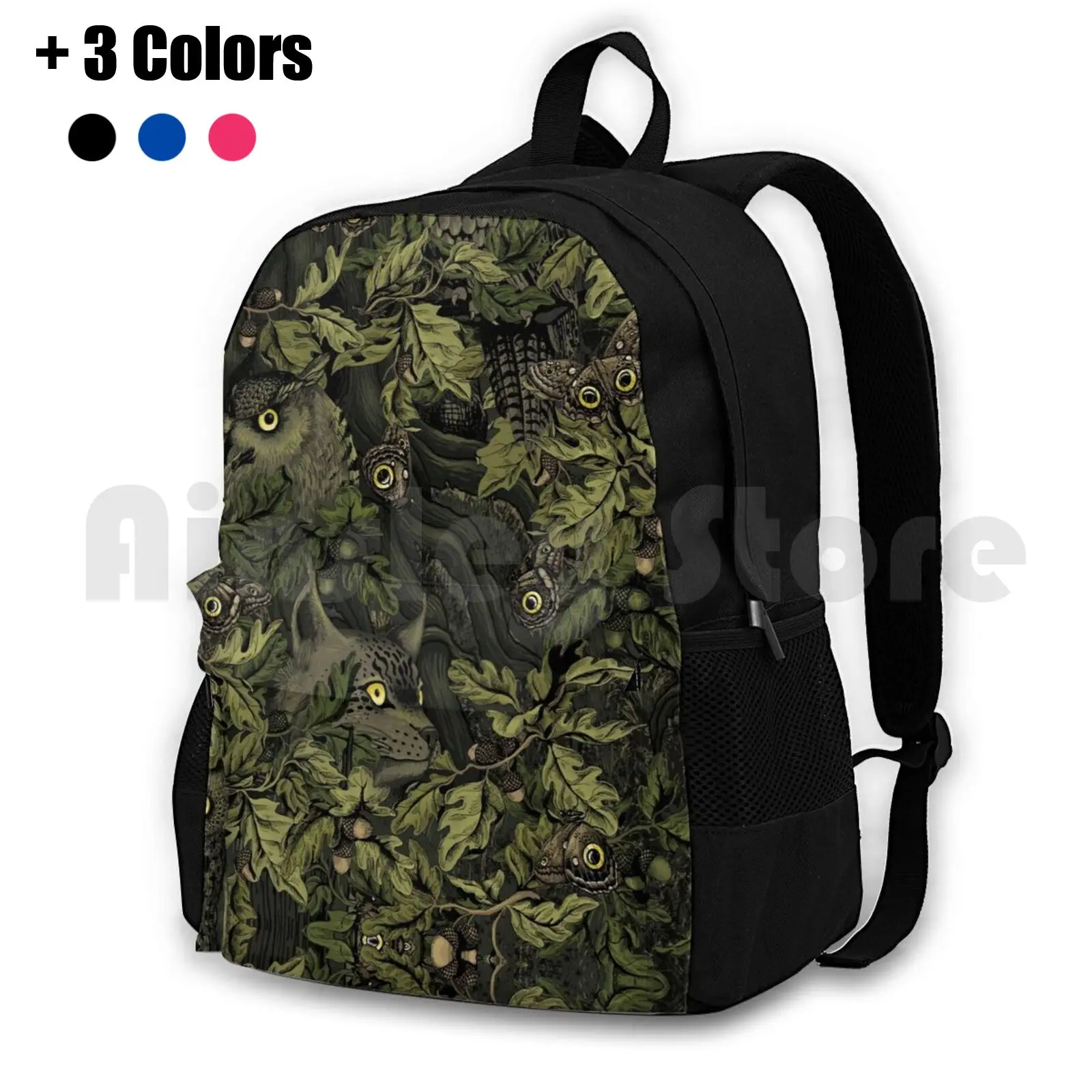 Fit In ( Olive Green ) Outdoor Hiking Backpack Waterproof Camping Travel Autumn Leaves Oak Acorn Owl Horned Owl Owls Eye Eyes