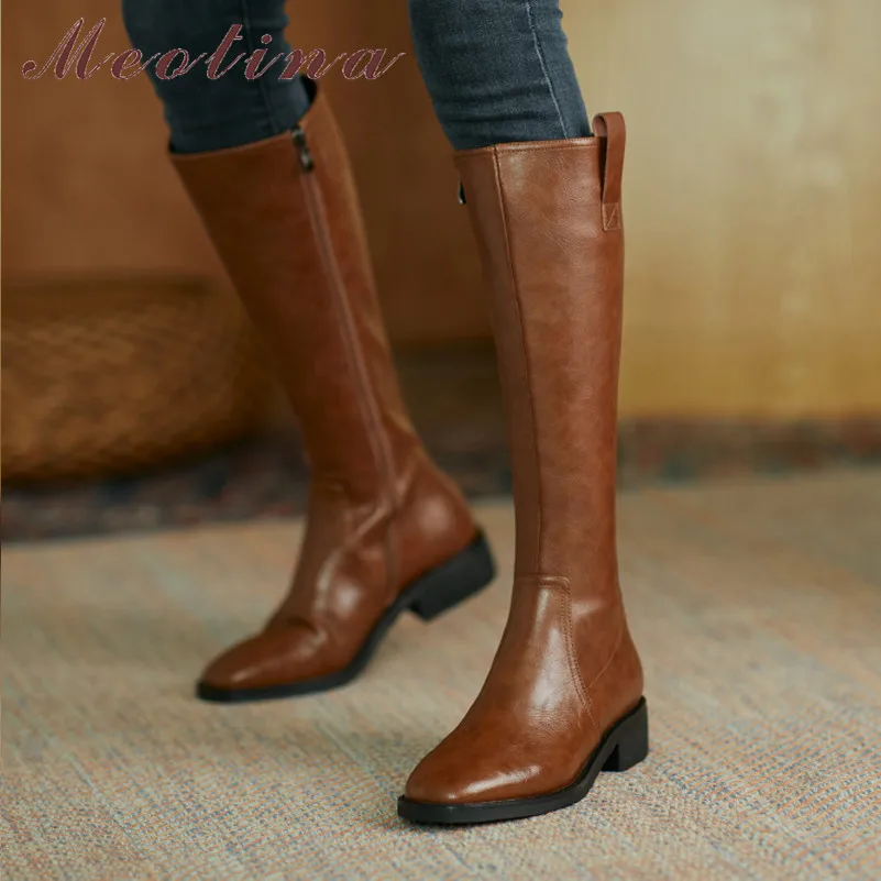 

Meotina Med Heel Riding Boots Woman Block Heel Knee High Boots Zipper Square Toe Long Boots Female Shoes Autumn Winter Brown 40