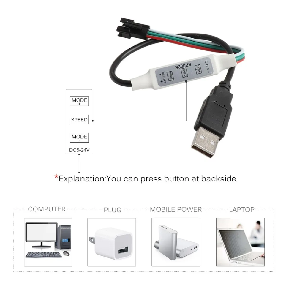 WS2812B WS2811 RGB Led Strip Controller USB/3Pin Snap-in JST Connector Mini 3 keys for Pixel LED Strip Light DC5V-24V